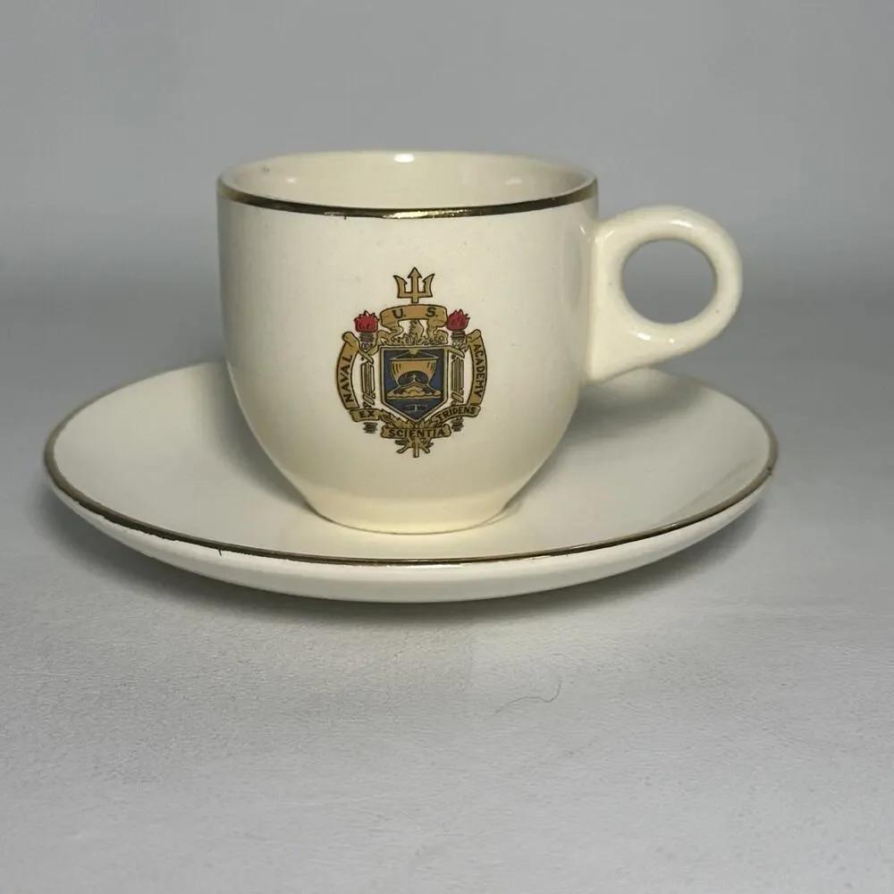 US Naval Academy Tea Cup & Saucer Crest Cream Gold